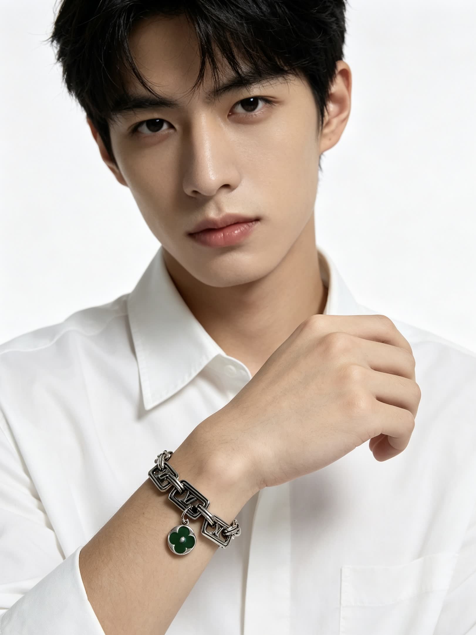 Louis Vuitton Silver Bracelet with Green Clover Charm
